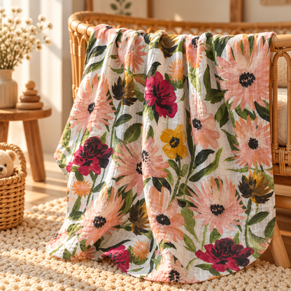 Painterly wildflower cotton gauze swaddle in a warm nursery