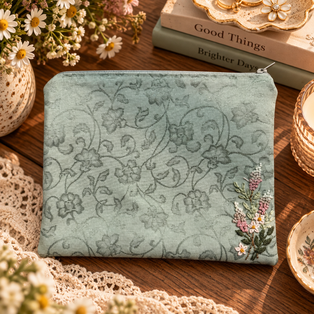 Hand-embroidered wildflower zipper clutch styled product photo