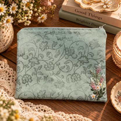 Hand-embroidered wildflower zipper clutch styled product photo