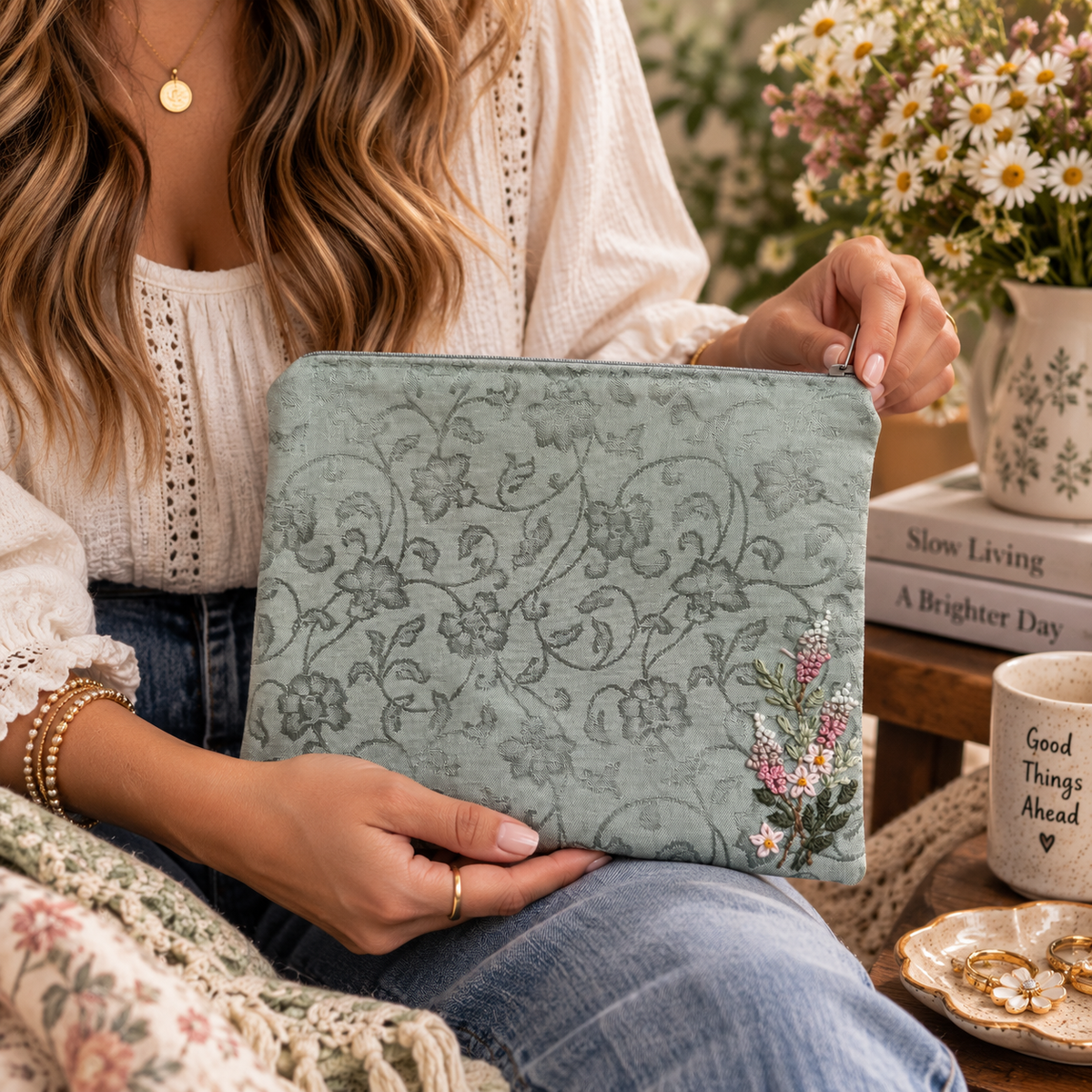 Hand-embroidered wildflower zipper clutch held at realistic scale