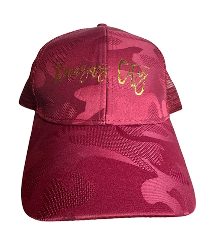 Wine camouflage cap with 'Loverly City' text on a white background