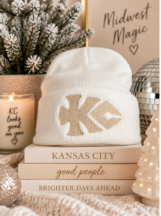 Winter white KC arrowhead embroidered beanie styled hero image