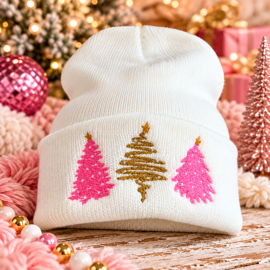 Winter white embroidered beanie with two pink Christmas trees and one gold Christmas tree