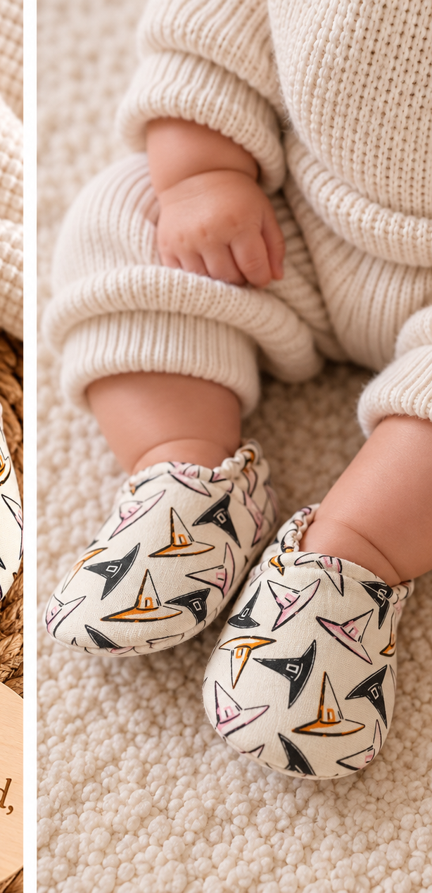 Baby wearing cream witch hat print handmade soft sole shoes