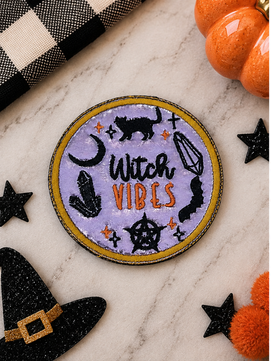 Witch Vibes embroidered iron-on patch styled for Halloween