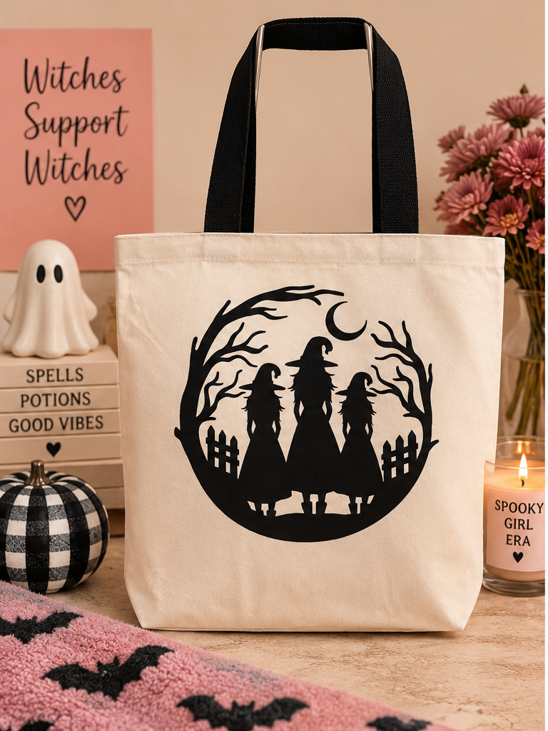 Witchy Halloween tote bag with three witches and crescent moon