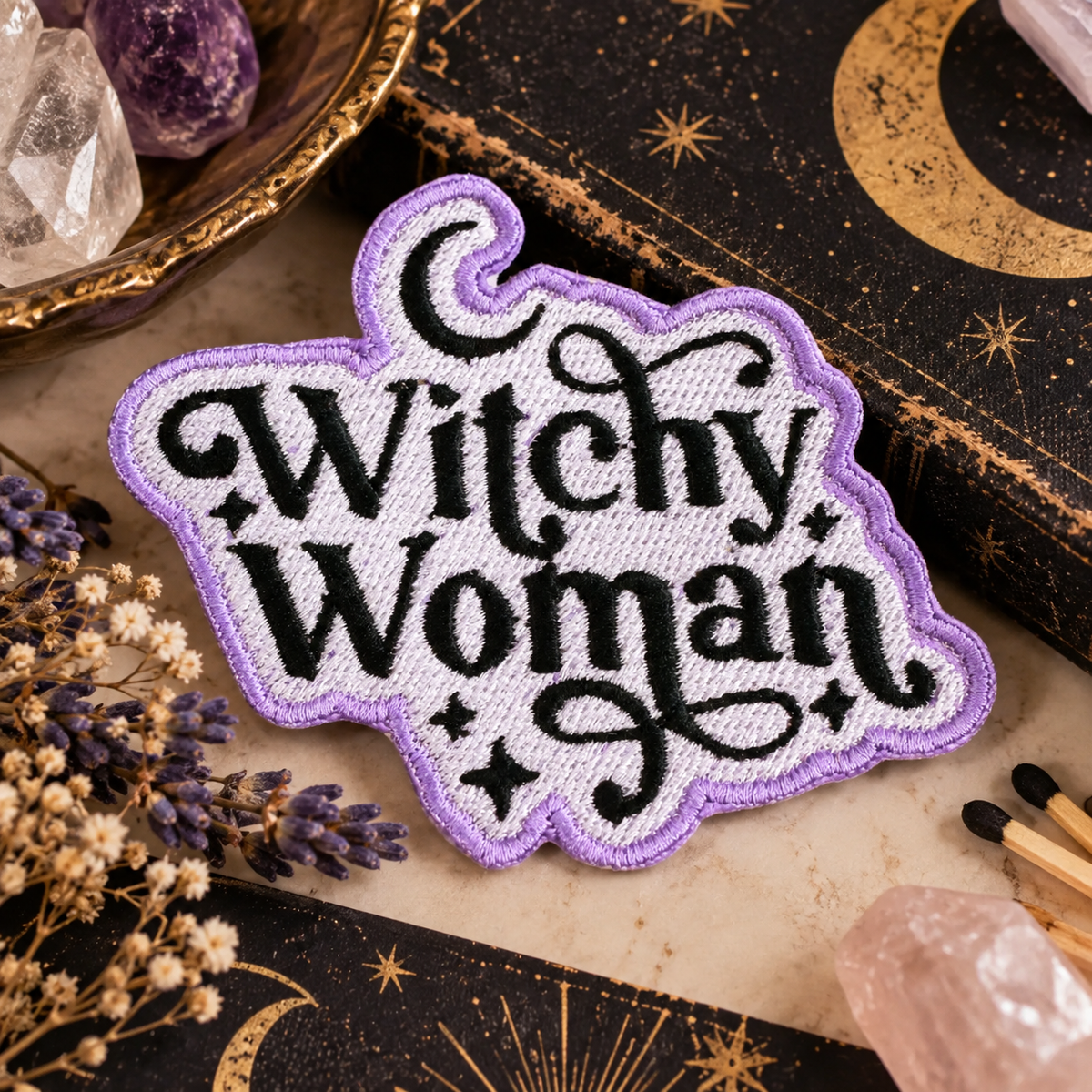 Witchy Woman embroidered patch styled with crystals, lavender and celestial decor