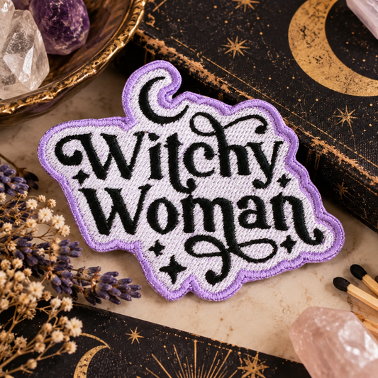 Witchy Woman embroidered patch styled with crystals, lavender and celestial decor
