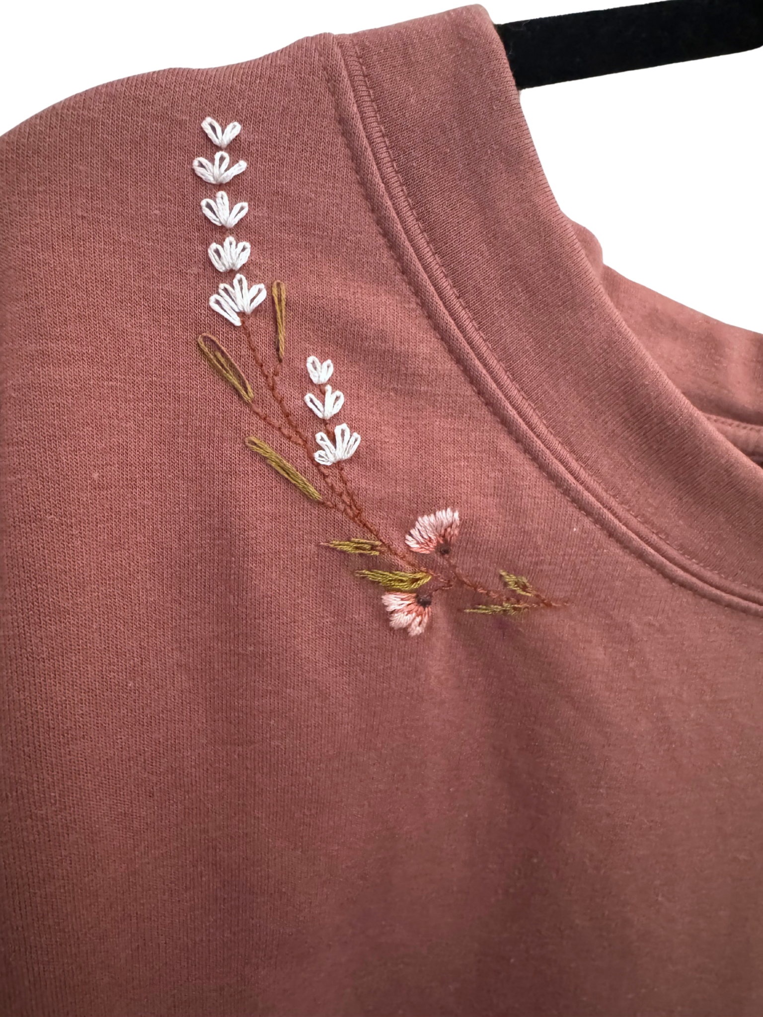 Close-up of a pink garment with floral embroidery on a white background