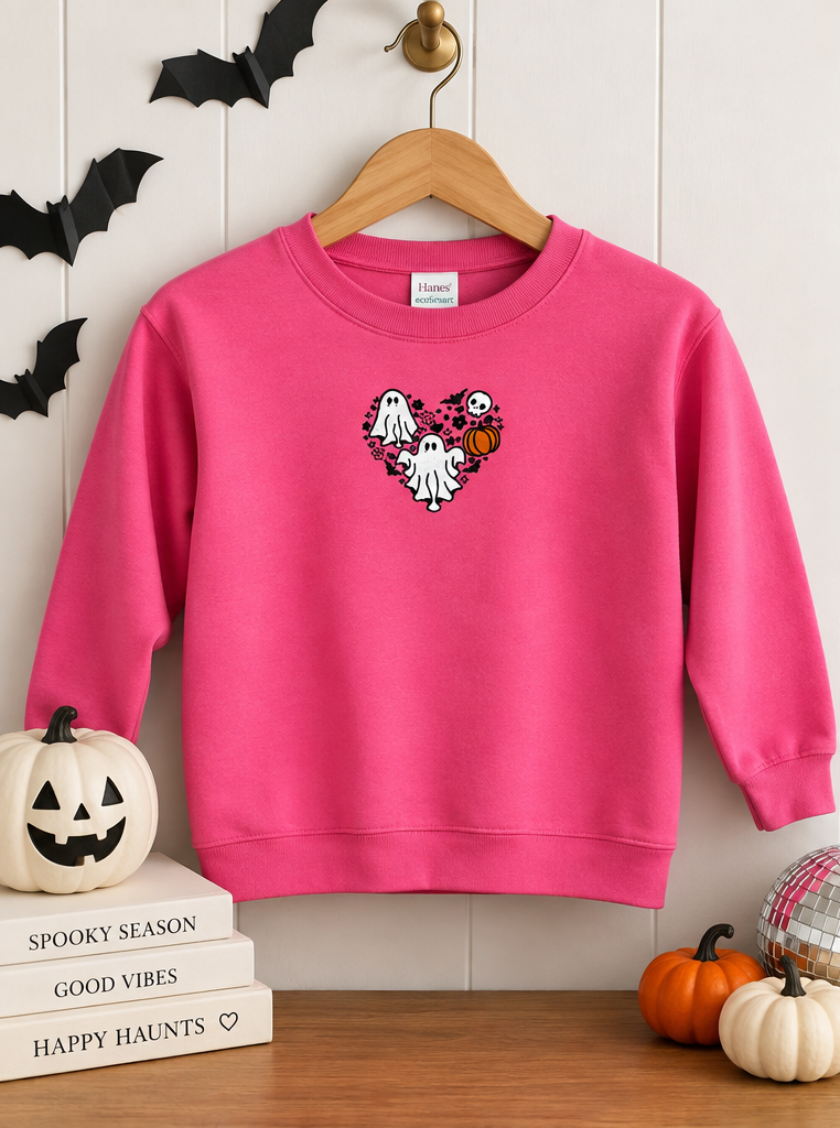 Youth pink Halloween heart sweatshirt with ghost and pumpkin design