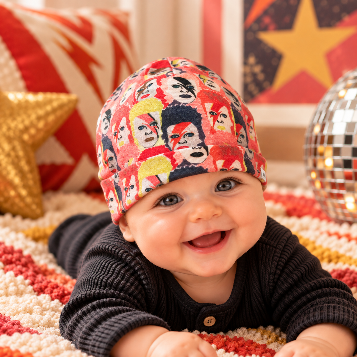 Baby wearing colorful Ziggy Stardust-inspired organic cotton beanie with folded cuff